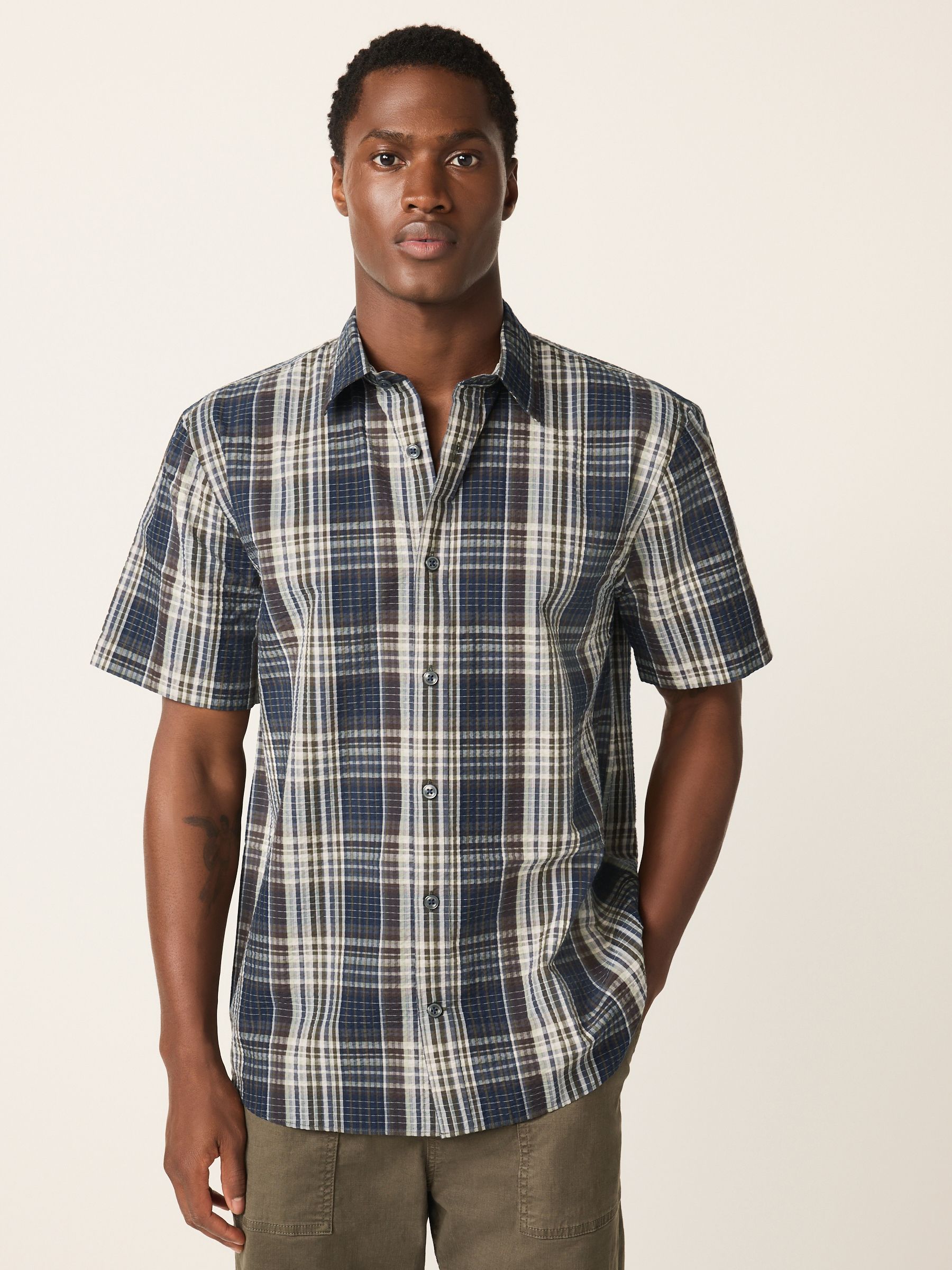 Buy Navy Blue Seersucker Short Sleeve Check Smart Shirt from Next