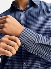 Navy Blue Gingham Regular Fit Long Sleeve Soft Touch Smart Shirt - Image 4 of 8