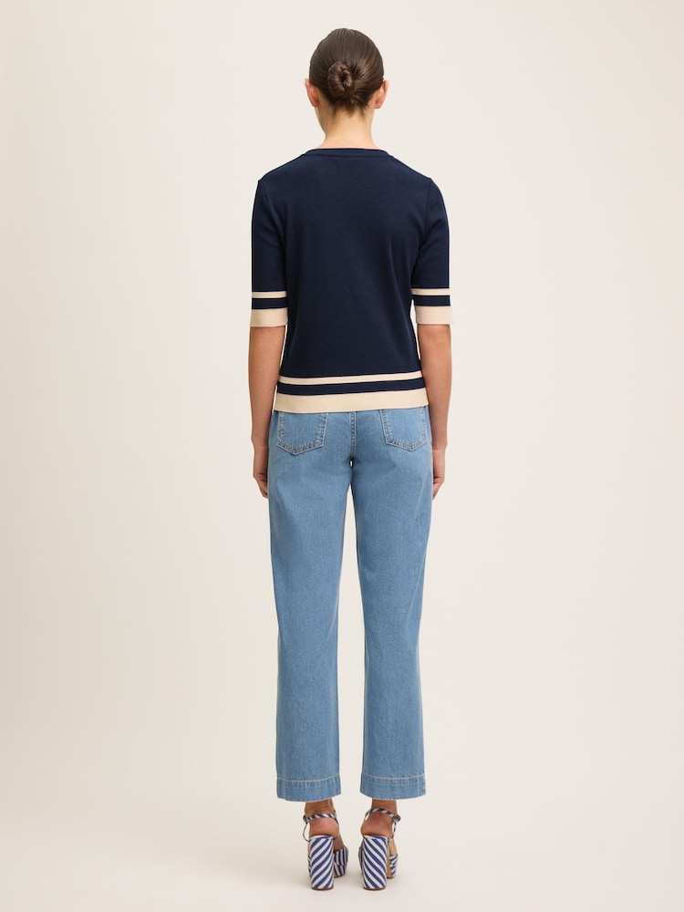 LK Bennett Blue Micha Spring & Birch Cotton Blend Ribstart Jersey Top - Image 2 of 4