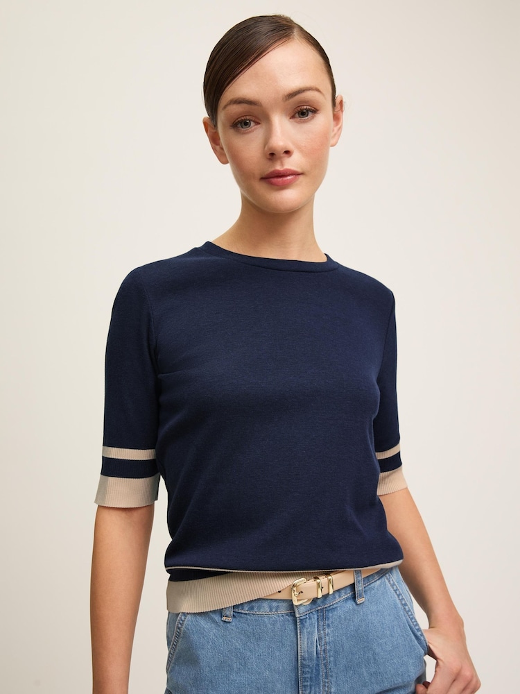 LK Bennett Blue Micha Spring & Birch Cotton Blend Ribstart Jersey Top - Image 4 of 4