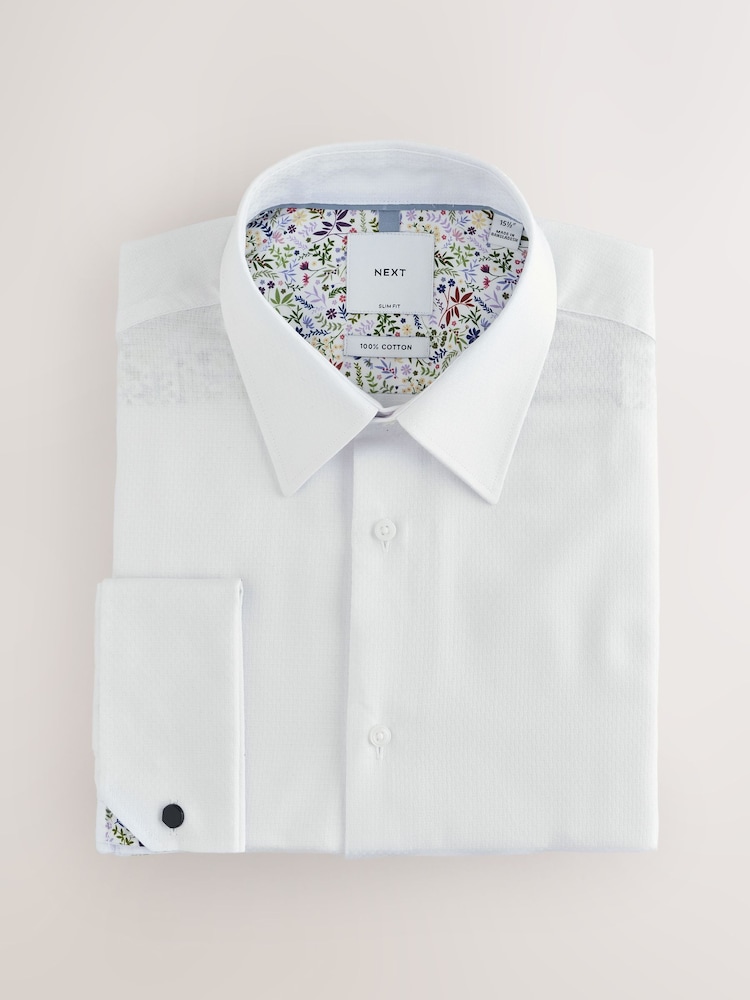 White Slim Fit 100% Cotton Textured Long Sleeve Formal Shirt with Trim - Image 1 of 3 White Slim Fit 100% Cotton Textured Long Sleeve Formal Shirt with Trim - Image 1 of 3