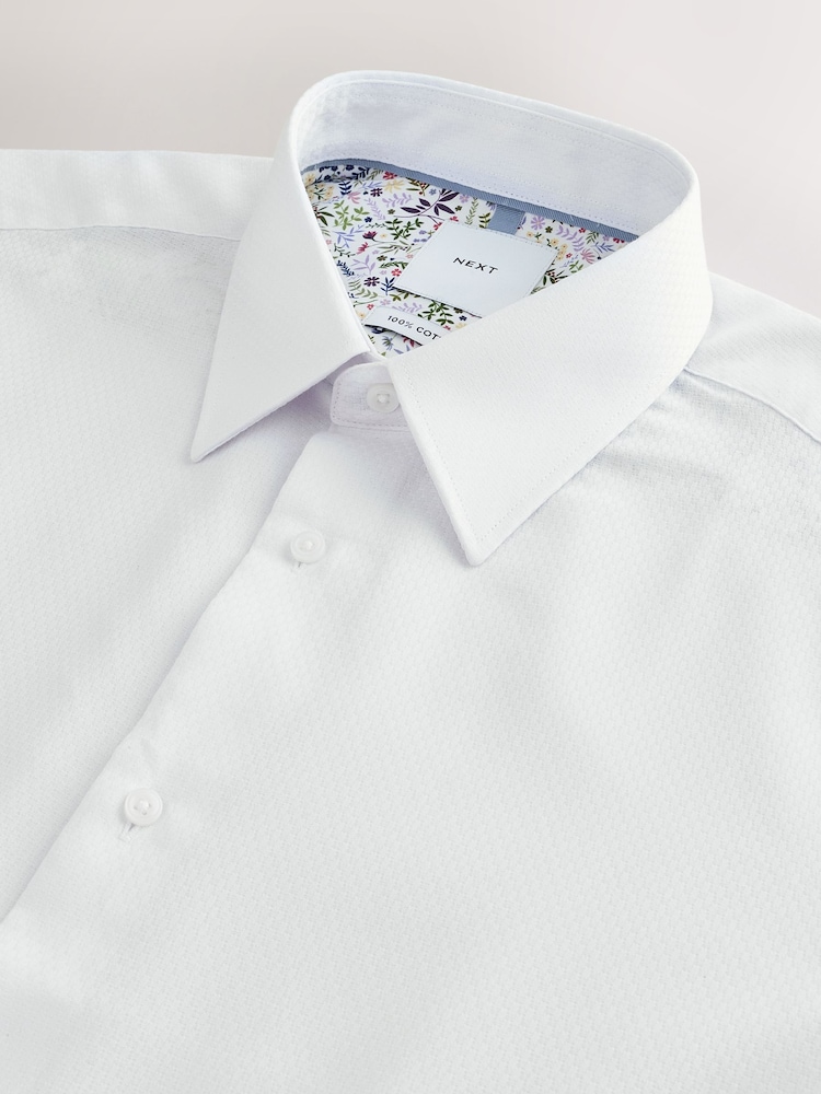 White Slim Fit 100% Cotton Textured Long Sleeve Formal Shirt with Trim - Image 2 of 3 White Slim Fit 100% Cotton Textured Long Sleeve Formal Shirt with Trim - Image 2 of 3