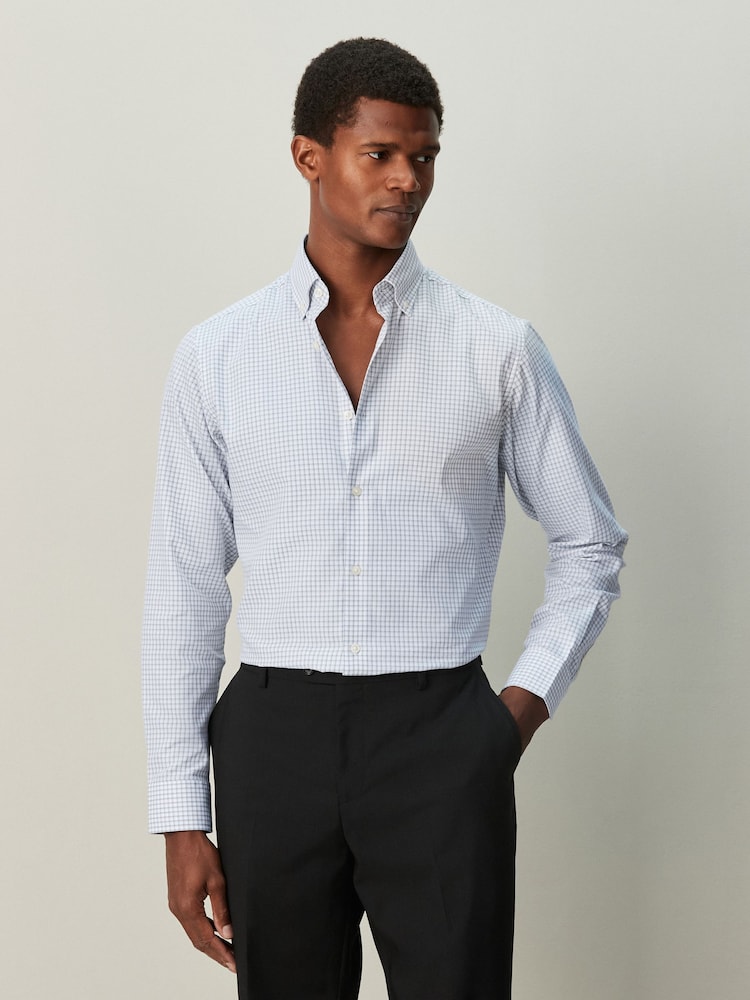Grey Gingham Slim Fit Cotton Rich Long Sleeve Formal Shirt - Image 1 of 8