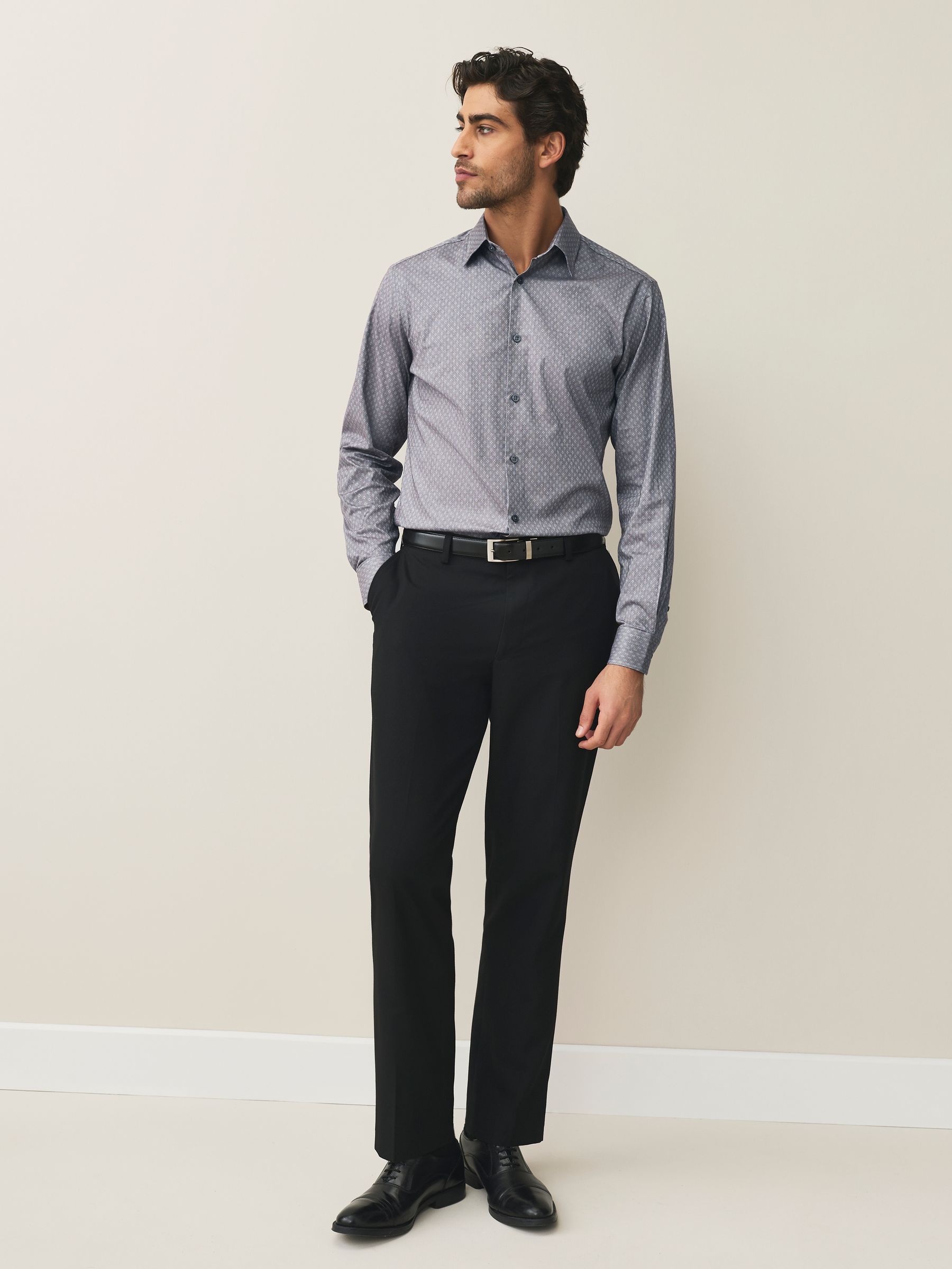 Buy Light Grey Dobby Print Slim Fit Cotton Stretch Long Sleeve