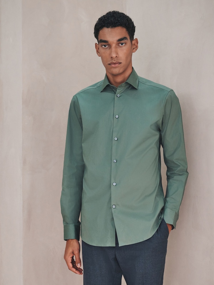Olive Green Slim Fit Cotton Stretch Long Sleeve Formal Shirt - Image 1 of 5 Olive Green Slim Fit Cotton Stretch Long Sleeve Formal Shirt - Image 1 of 5