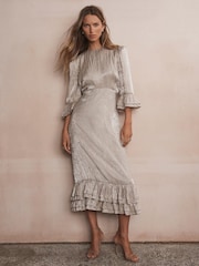 Mint Velvet Natural Crinkle Metallic Midi Dress - Image 3 of 8