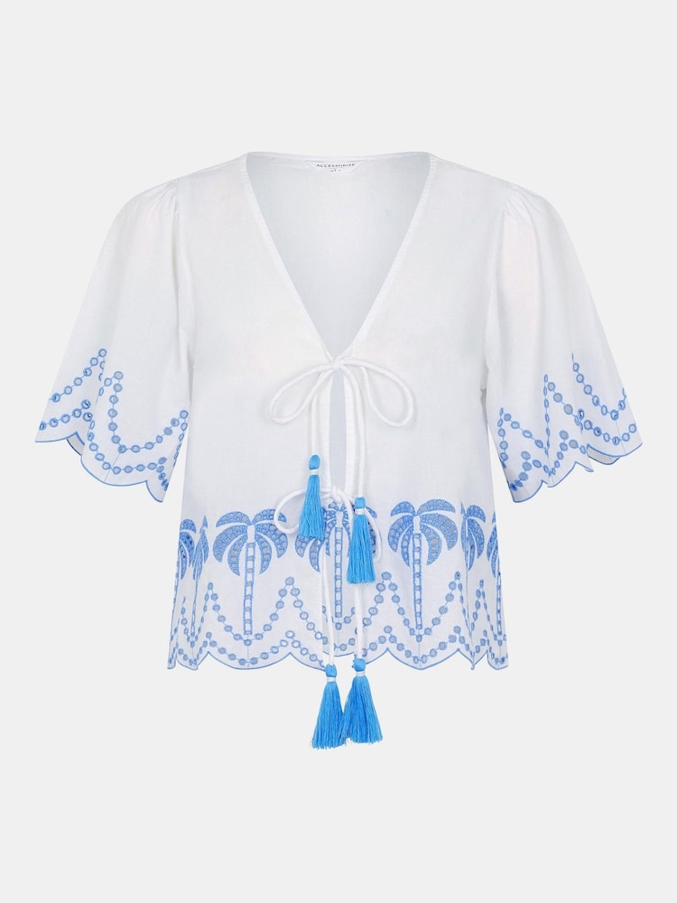 Accessorize White Palm Embroidered 100% Cotton Tie Top - Image 1 of 1
