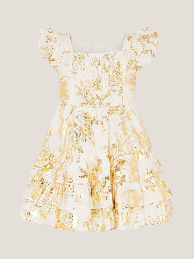 Monsoon Natural Baby Foil Floral Print Tiered Dress - Image 2 of 3