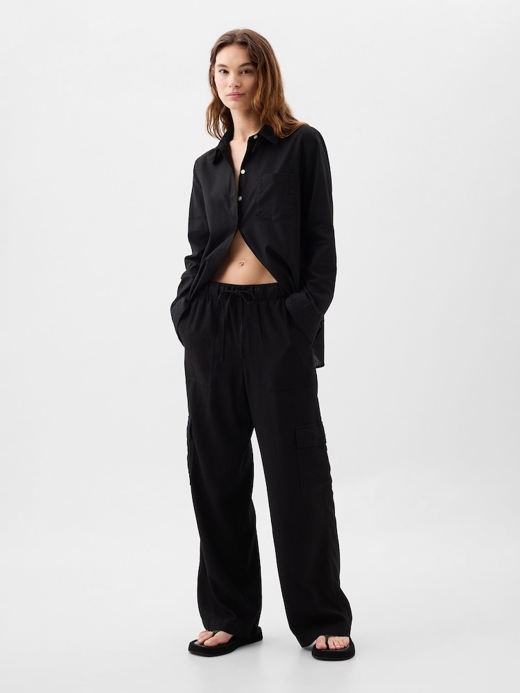 Gap Black Linen Blend Wide Leg Cargo Pull On Trousers - Image 1 of 2 Gap Black Linen Blend Wide Leg Cargo Pull On Trousers - Image 1 of 2