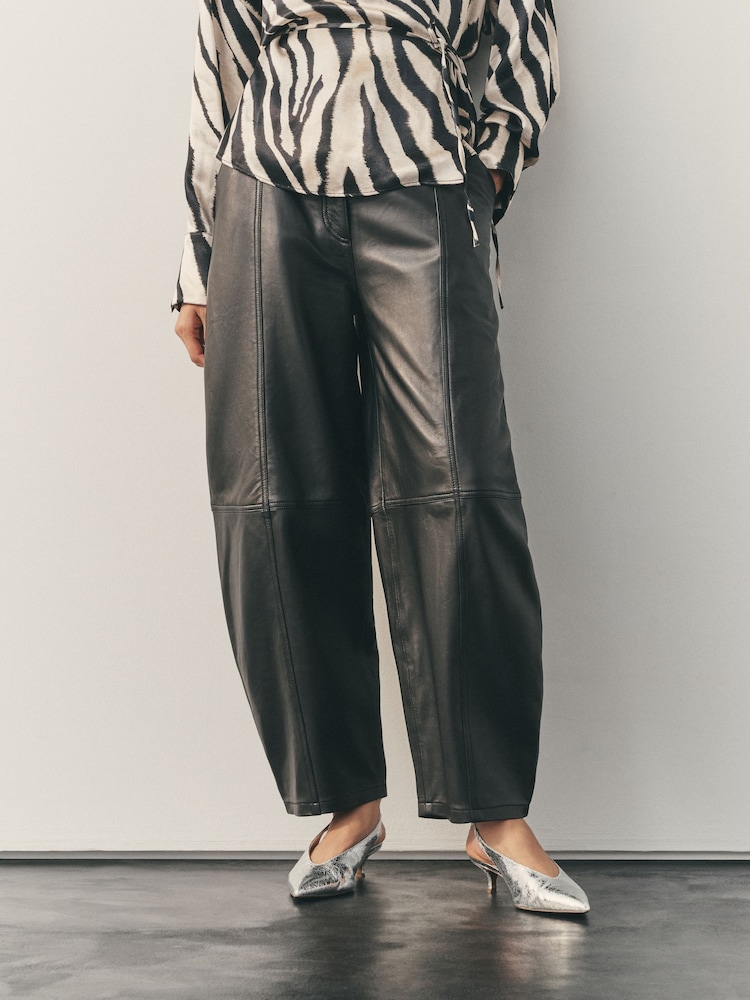 Nothing Ordinary Black Leather Barrel Leg Trousers - Image 2 of 6