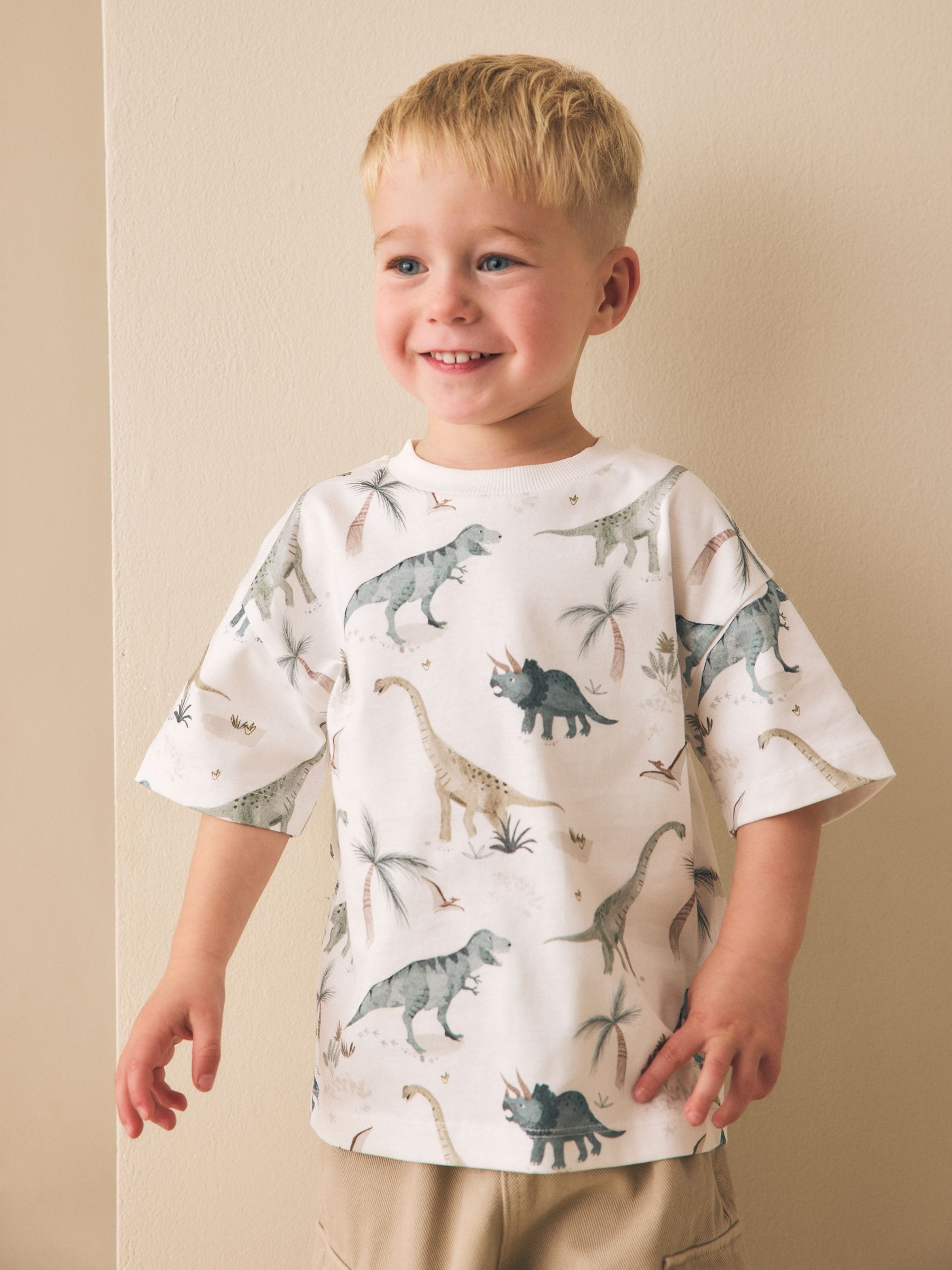Buy White Watercolour Dinosaurs Short Sleeve All-Over Print T