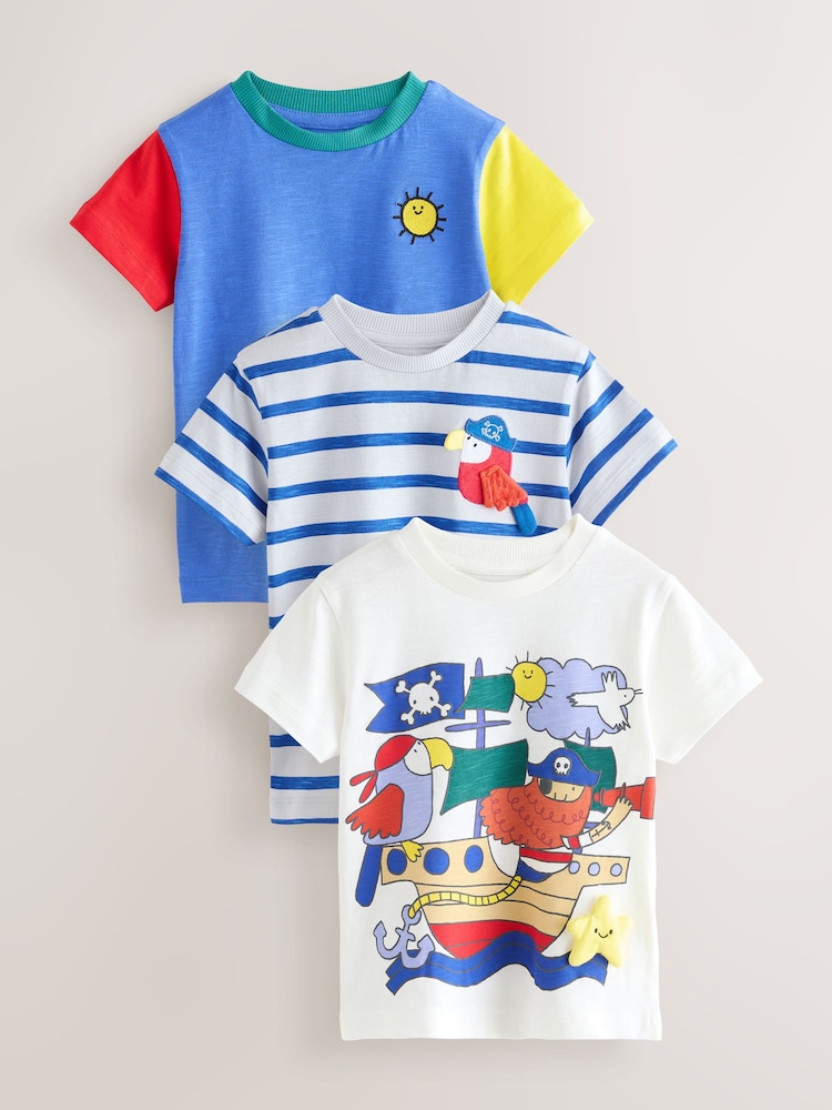 Blue Pirates Short Sleeve Appliqué T-Shirts 3 Pack (3mths-7yrs) - Image 1 of 7 Blue Pirates Short Sleeve Appliqué T-Shirts 3 Pack (3mths-7yrs) - Image 1 of 7