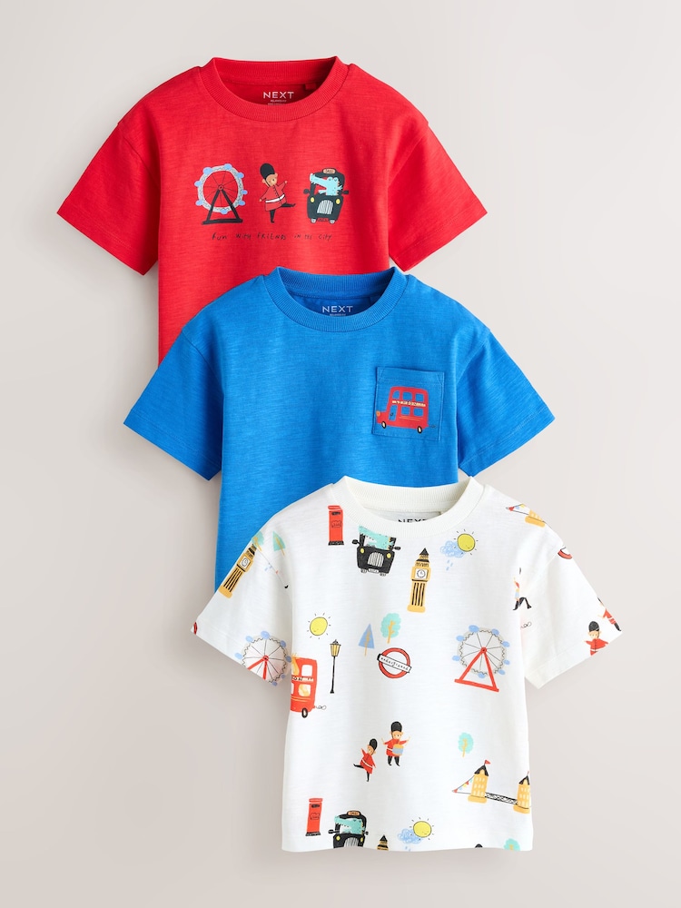 أحمر/أزرق London - Short Sleeve All Over Graphic Print T-Shirts 3 Pack (3mths-7yrs) - صورة 1 من 8 أحمر/أزرق London - Short Sleeve All Over Graphic Print T-Shirts 3 Pack (3mths-7yrs) - صورة 1 من 8