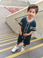 Teal Blue Short Sleeve Varsity Shorts Set (3mths-7yrs) - Image 1 of 10