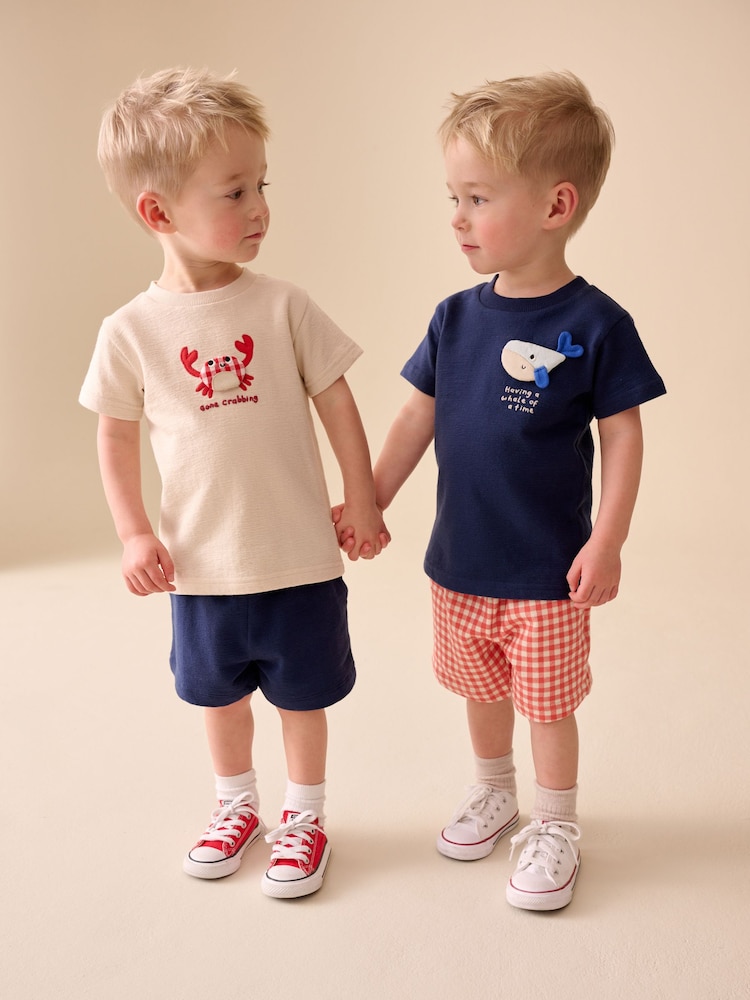 Navy/Cream Padded Sea Animals Short Sleeve T-Shirt and Shorts Set 2 Pack (3mths-7yrs) - Image 2 of 5 Navy/Cream Padded Sea Animals Short Sleeve T-Shirt and Shorts Set 2 Pack (3mths-7yrs) - Image 2 of 5