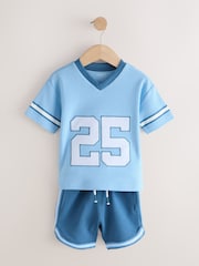 Light Blue Short Sleeve Varsity Shorts Set (3mths-7yrs) - Image 1 of 5