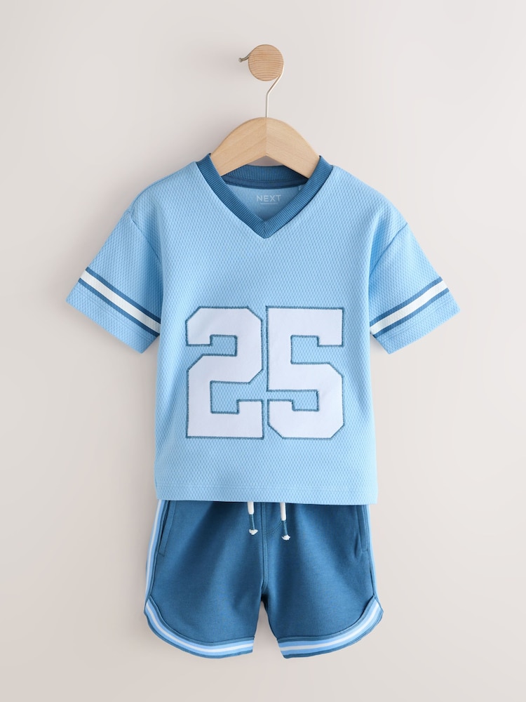 Light Blue Short Sleeve Varsity Shorts Set (3mths-7yrs) - Image 1 of 5