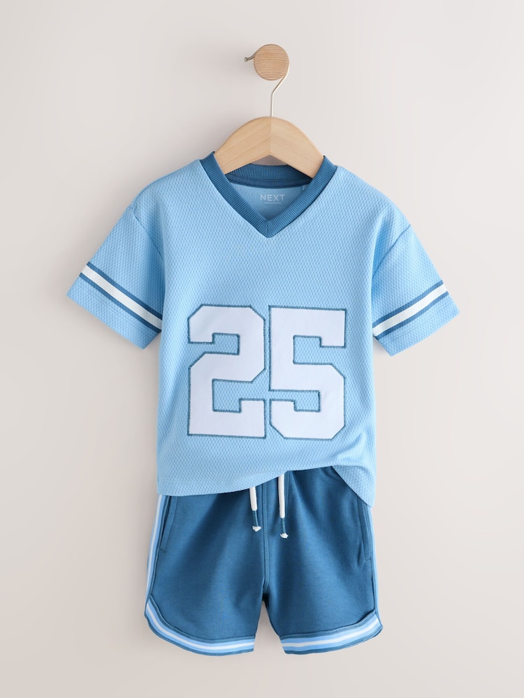 Light Blue Short Sleeve Varsity Shorts Set (3mths-7yrs) - Image 2 of 5