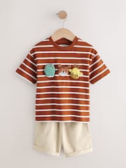 Rust Brown Stripe Padded Animals Short Sleeve T-Shirt and Shorts Set (3mths-7yrs) - Image 1 of 5