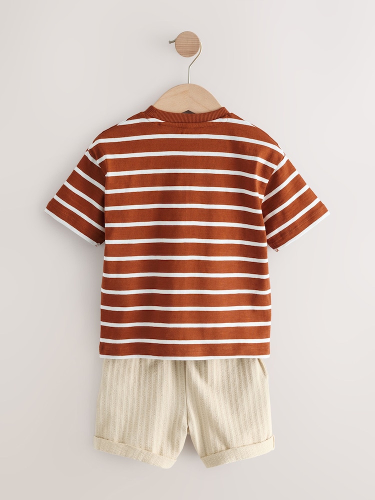 Rust Brown Stripe Padded Animals Short Sleeve T-Shirt and Shorts Set (3mths-7yrs) - Image 2 of 5 Rust Brown Stripe Padded Animals Short Sleeve T-Shirt and Shorts Set (3mths-7yrs) - Image 2 of 5