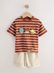 ラストブラウン ストライプ パッド入り アニマル - 半袖 T シャツ＆ショートパンツセット（3 カ月～ 7 歳） - 画像 3 / 5