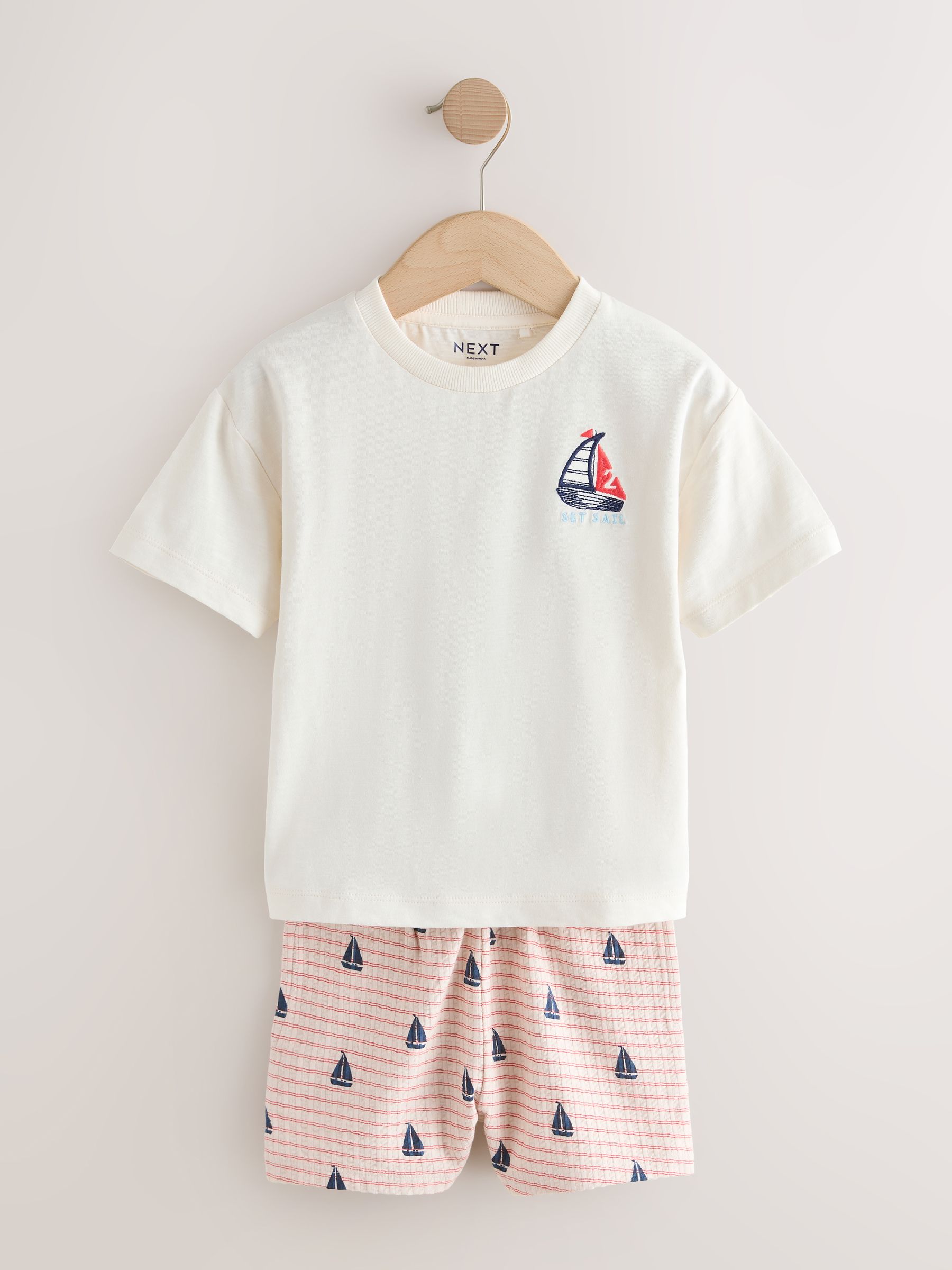 Buy White Boat Embroidery Short Sleeve T-Shirt and Shorts Set