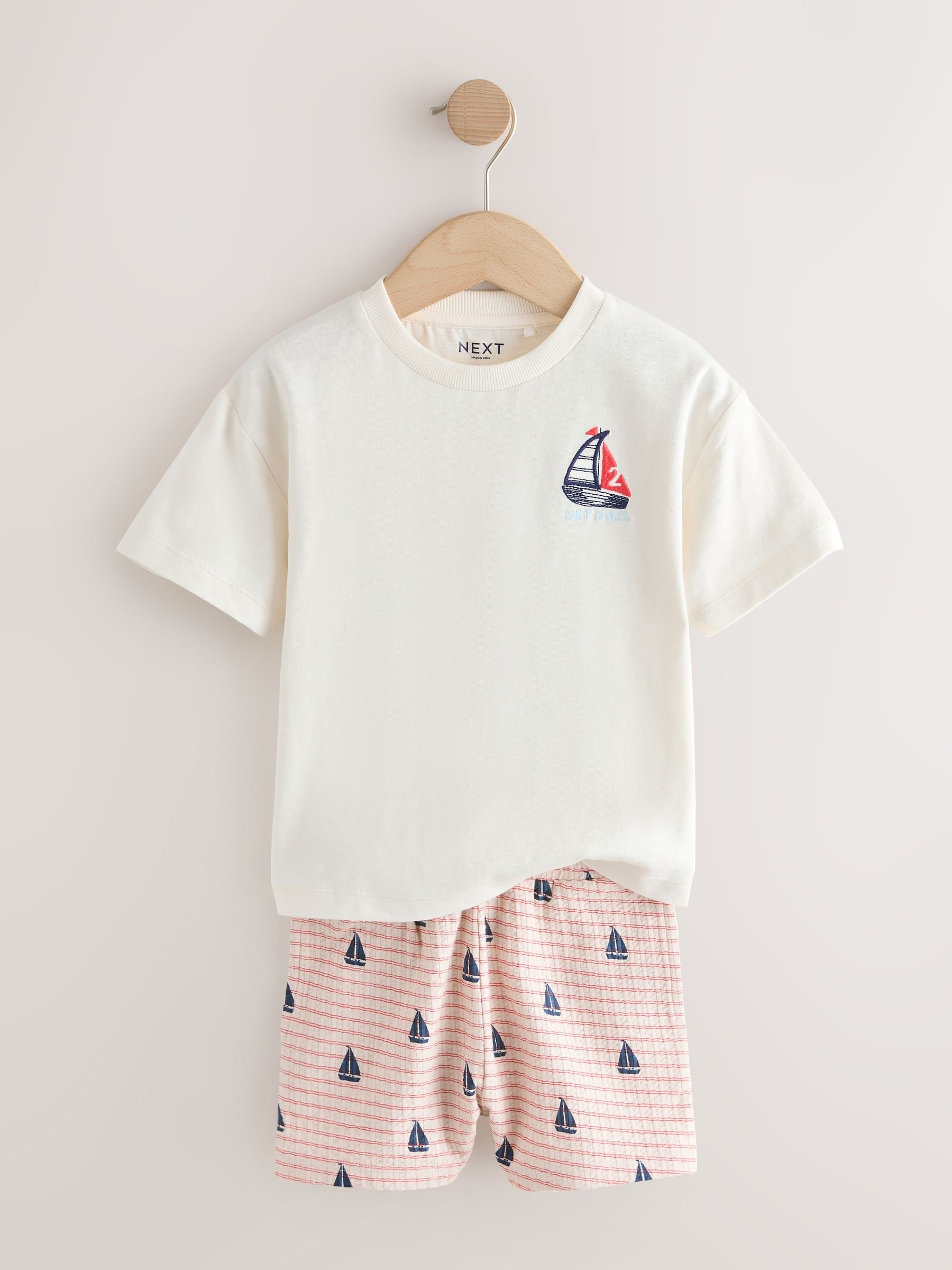 Buy White Boat Embroidery Short Sleeve T-Shirt and Shorts Set