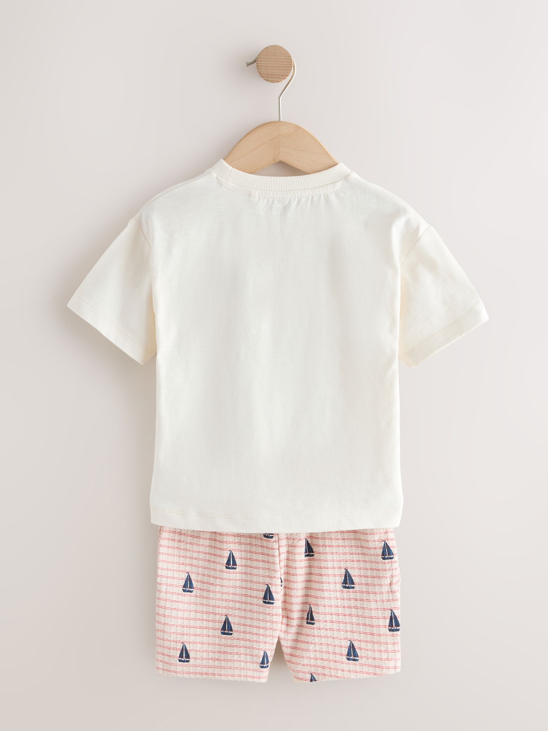 Buy White Boat Embroidery Short Sleeve T-Shirt and Shorts Set