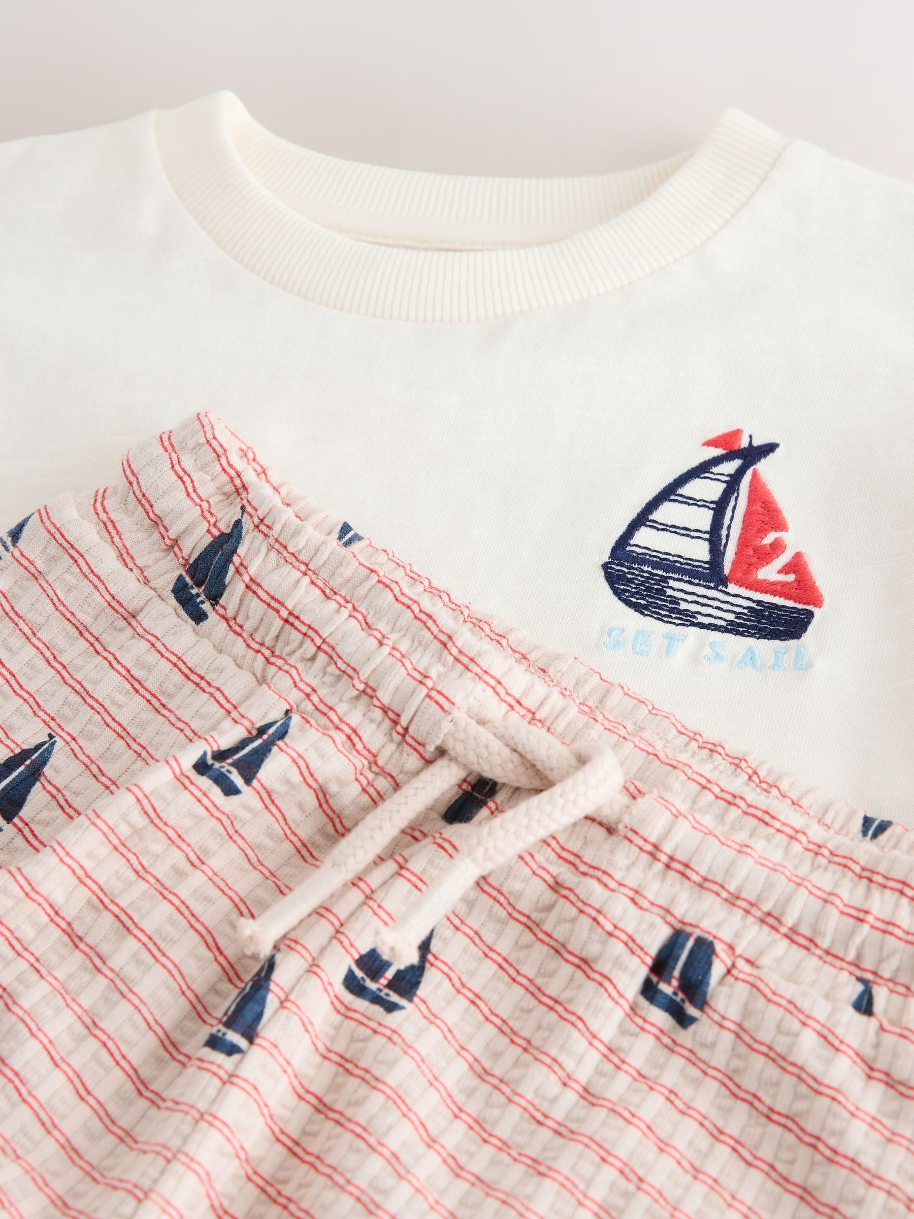 Buy White Boat Embroidery Short Sleeve T-Shirt and Shorts Set