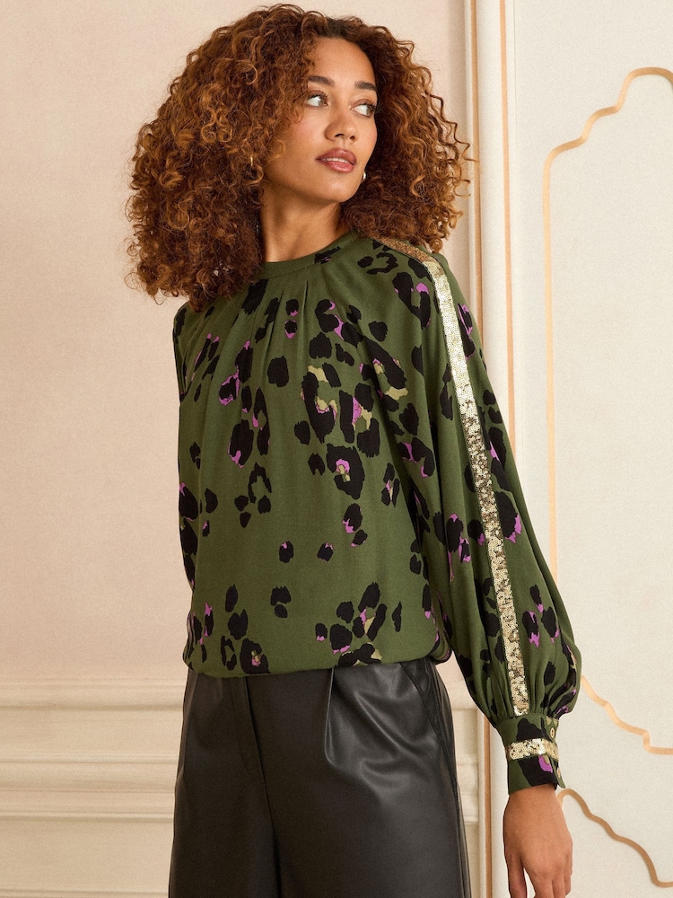 Love & Roses Khaki Green Animal Petite Crew Neck Long Sleeve Sequin Trim Blouse - Image 1 of 4