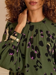 Love & Roses Khaki Green Animal Petite Crew Neck Long Sleeve Sequin Trim Blouse - Image 2 of 4
