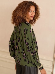 Love & Roses Khaki Green Animal Petite Crew Neck Long Sleeve Sequin Trim Blouse - Image 4 of 4
