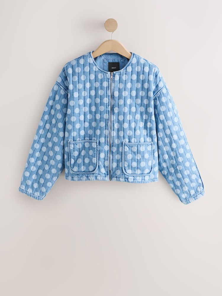 Mittelblau - Gesteppte Denim-Jacke mit gepunktetem Muster - Bild 1 von 3 Mittelblau - Gesteppte Denim-Jacke mit gepunktetem Muster - Bild 1 von 3
