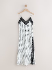 Monochrome Polka Dot Strappy Satin Cami Midi Dress With Lace Trim - Image 6 of 8