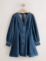 Dunkelblau - Ausgestelltes Langarm-Minikleid mit Naht - Bild 1 von 3