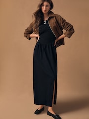 Black Cap Sleeve Shirred Body Jersey Midi Dress - Image 3 of 9