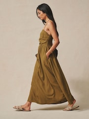Khaki Green Ruched Bandeau Midi Dress with Linen - Image 2 of 4