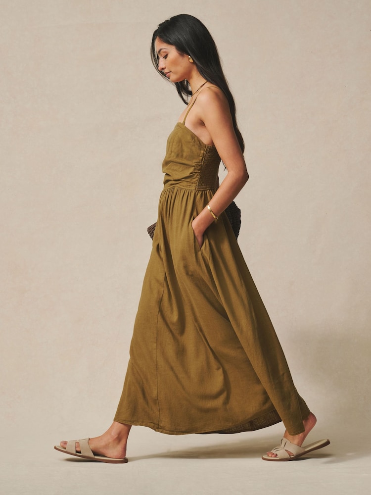 Khaki Green Ruched Bandeau Midi Dress with Linen - Image 2 of 4