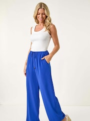 Roman Blue Petite Elastic Waist Draped 100% Cotton Trousers - Image 2 of 5