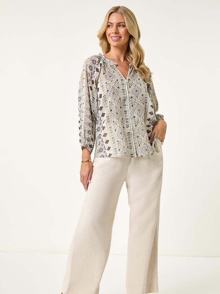 Roman Green Petite Metallic Aztec Blouse - Image 2 of 5