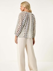 Roman Green Petite Metallic Aztec Blouse - Image 3 of 5