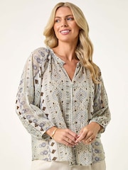Roman Green Petite Metallic Aztec Blouse - Image 4 of 5