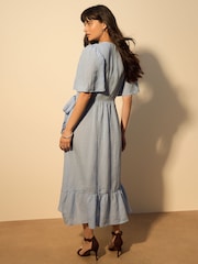 Cornflower Blue Linen Wrap Midi Dress - Image 2 of 7