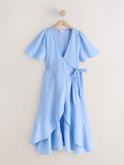 Cornflower Blue Linen Wrap Midi Dress - Image 5 of 7