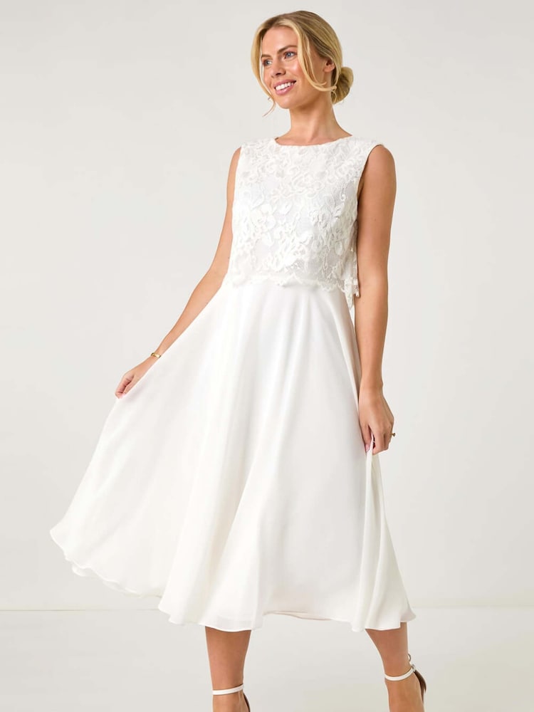 Roman White Petite Lace Overlay Midi Dress - Image 2 of 5
