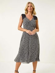 Roman Black Petite Spot Print Bow Midi Dress - Image 2 of 5