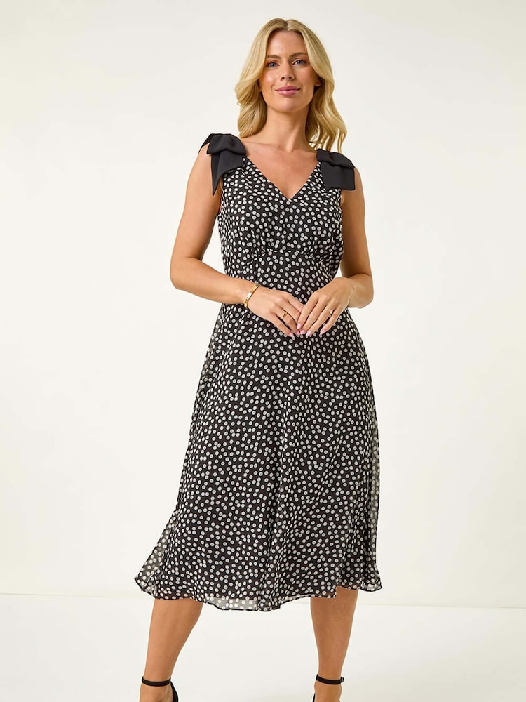 Roman Black Petite Spot Print Bow Midi Dress - Image 2 of 5