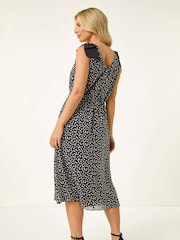Roman Black Petite Spot Print Bow Midi Dress - Image 3 of 5