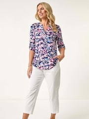Roman Blue Petite Floral Print Button Stretch Shirt - Image 2 of 5