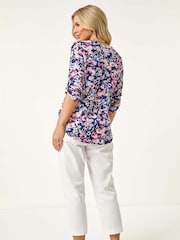 Roman Blue Petite Floral Print Button Stretch Shirt - Image 3 of 5